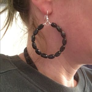 Handmade black dangle hoop earrings